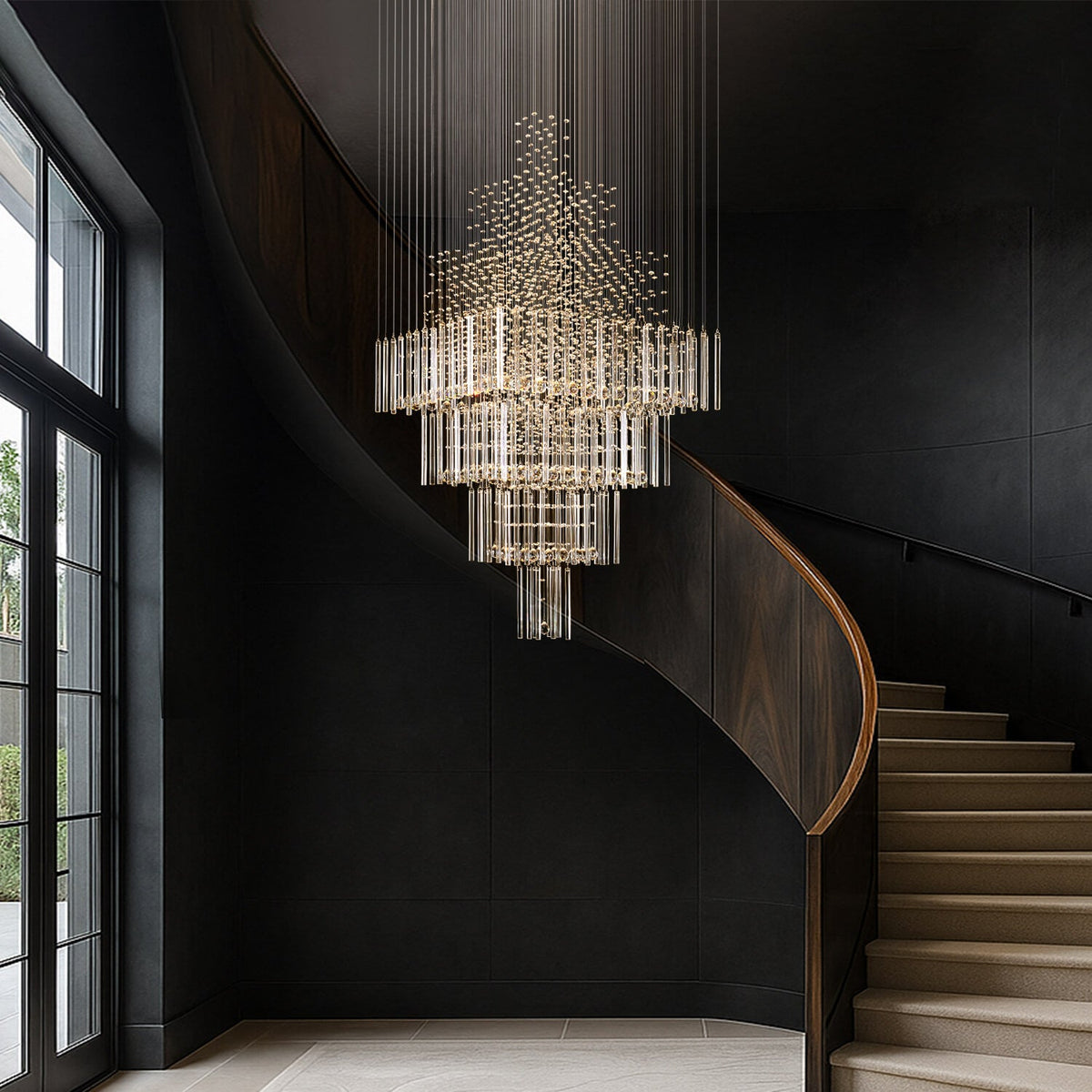 Kristallen kroonluchter waterval hanglamp chroom luxe trap foyer verlichting 3-5 lagen verstelbaar modern | Sulvida