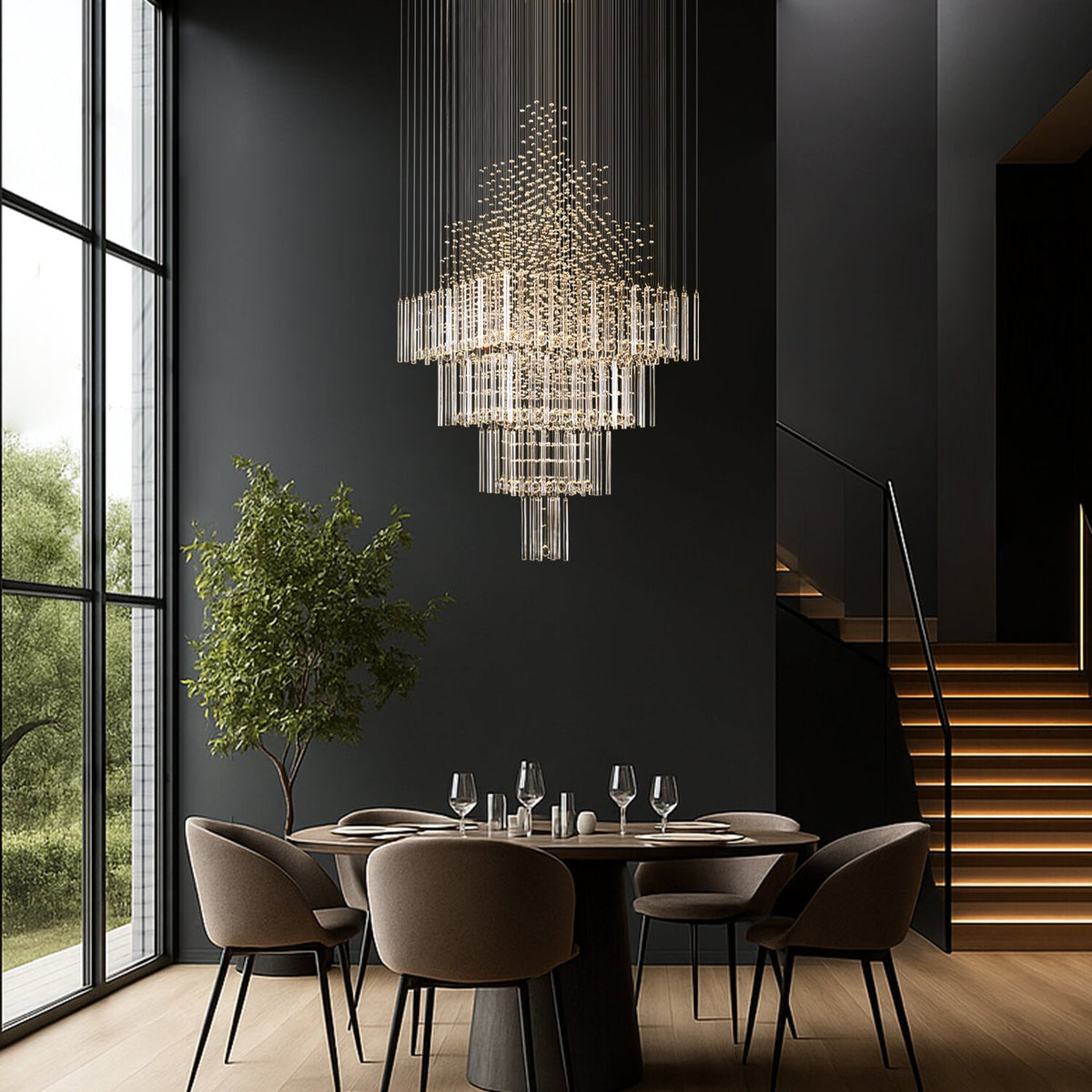 Kristallen kroonluchter waterval hanglamp chroom luxe trap foyer verlichting 3-5 lagen verstelbaar modern | Sulvida