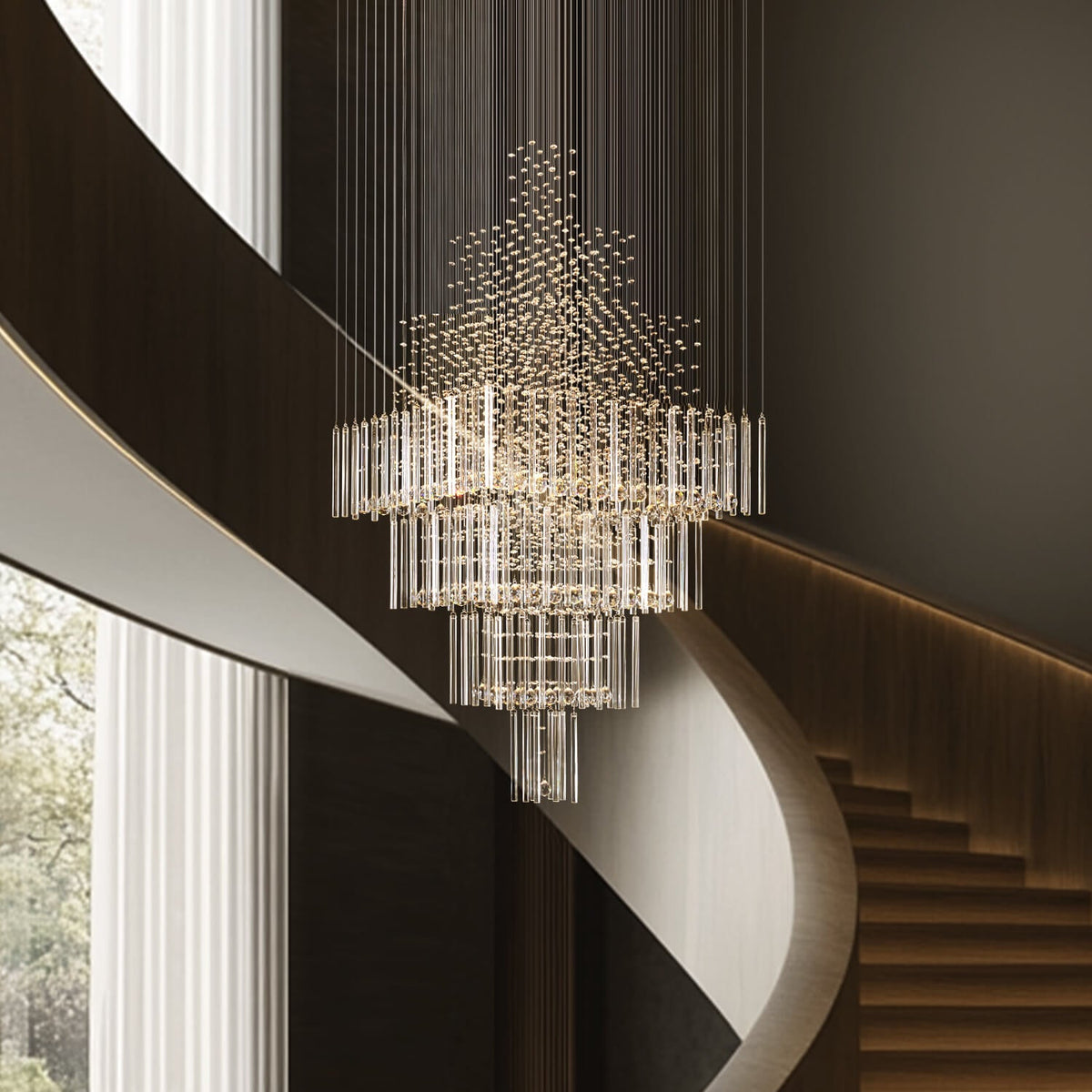 Kristallen kroonluchter waterval hanglamp chroom luxe trap foyer verlichting 3-5 lagen verstelbaar modern | Sulvida