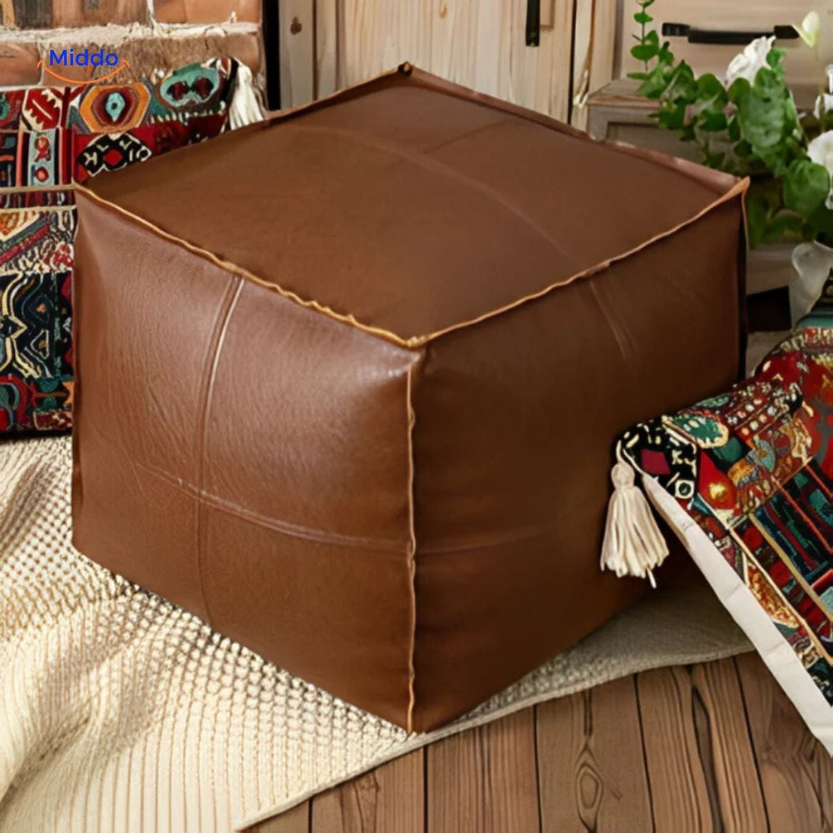 Vulbare Tatami Poef Leren Zitkussen 45x45x40cm Bruin Beige Zwart Oranje Design Zitmeubel Voetenbank Woonkamer | Sulvida