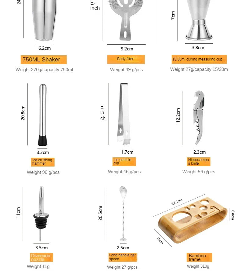 Cocktailshaker set 10-delig roestvrij staal professionele barset met standaard bartender cocktail mixset | Sulvida