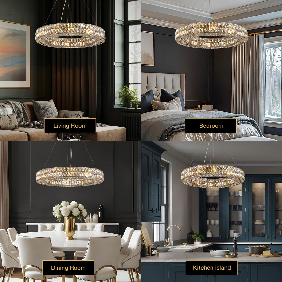 Kristallen Kroonluchter Goud Zilver Ronde Ringen Eetkamer Keukeneiland Verstelbaar Luxe Modern Design LED | Sulvida