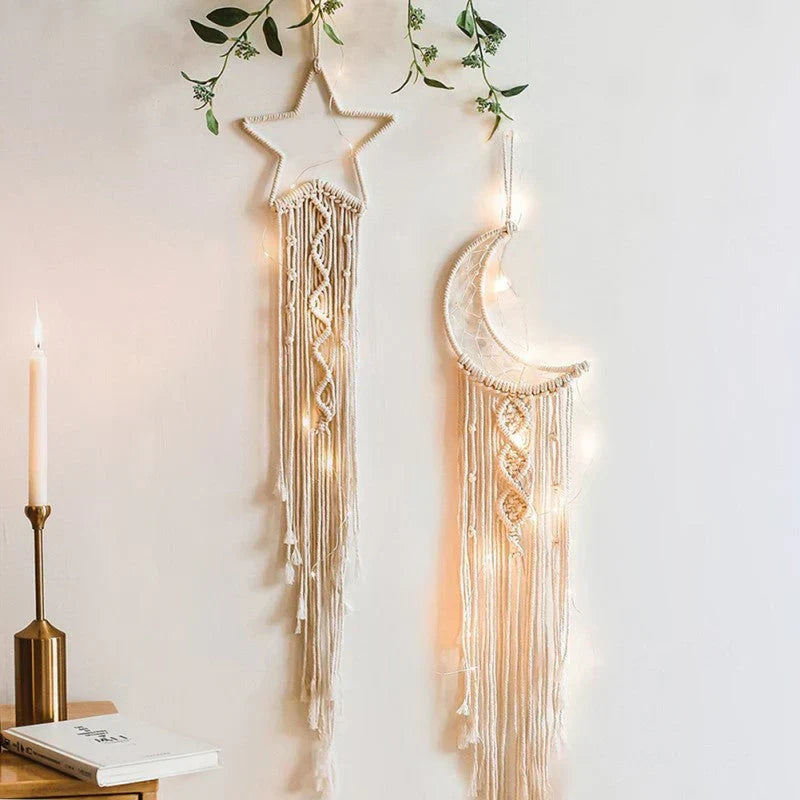 Handgemaakte Macramé Dromenvanger met LED-Verlichting Wanddecoratie Bohemian Sfeerlicht voor Slaapkamer | Sulvida