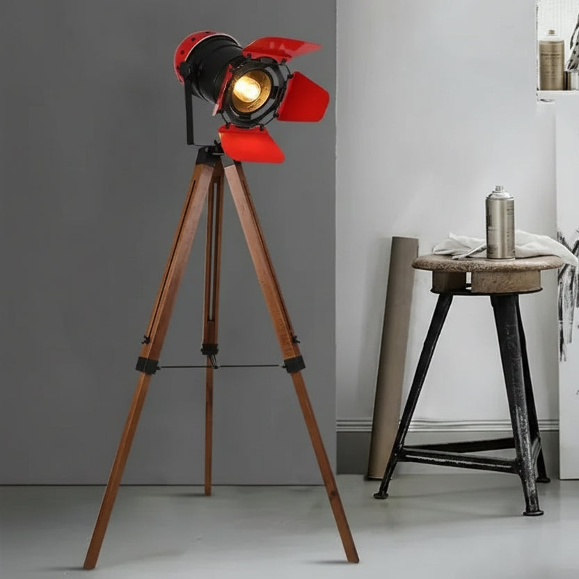 Statief Vloerlamp Vintage Metaal Hout Zwart Rood Industrieel Driepoot Staande Lamp Woonkamer Slaapkamer | Sulvida