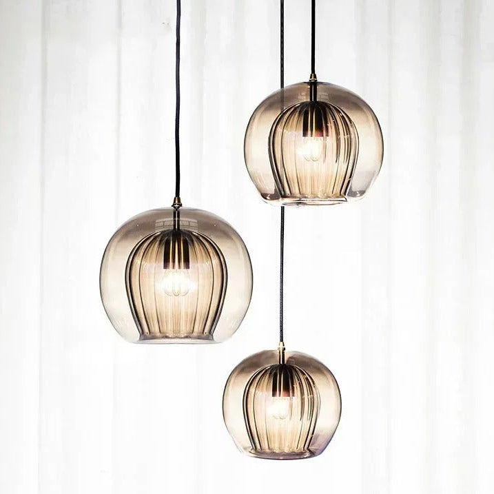 Glazen Hanglamp Bol Modern Metaal Kap Transparant Amber Grijs Woonkamer Eetkamer Slaapkamer LED Verlichting | Sulvida
