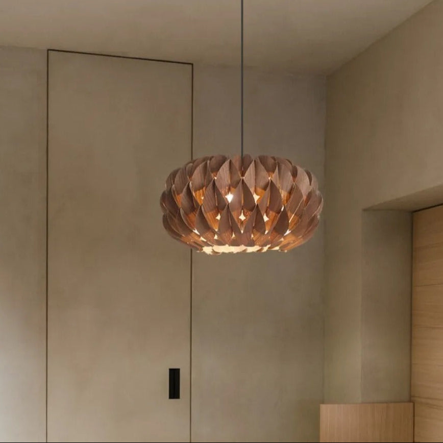 Houten hanglamp essenhout fineer cilindervorm slaapkamer eetkamer woonkamer warm licht sfeerverlichting | Sulvida