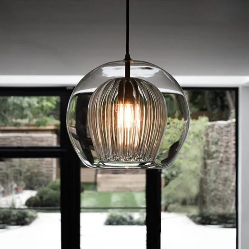 Glazen Hanglamp Bol Modern Metaal Kap Transparant Amber Grijs Woonkamer Eetkamer Slaapkamer LED Verlichting | Sulvida
