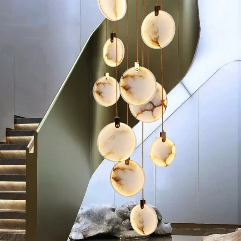 Alabaster spiraal hanglamp kroonluchter geborsteld goud instelbare hoogte dimbaar LED sfeerverlichting | Sulvida