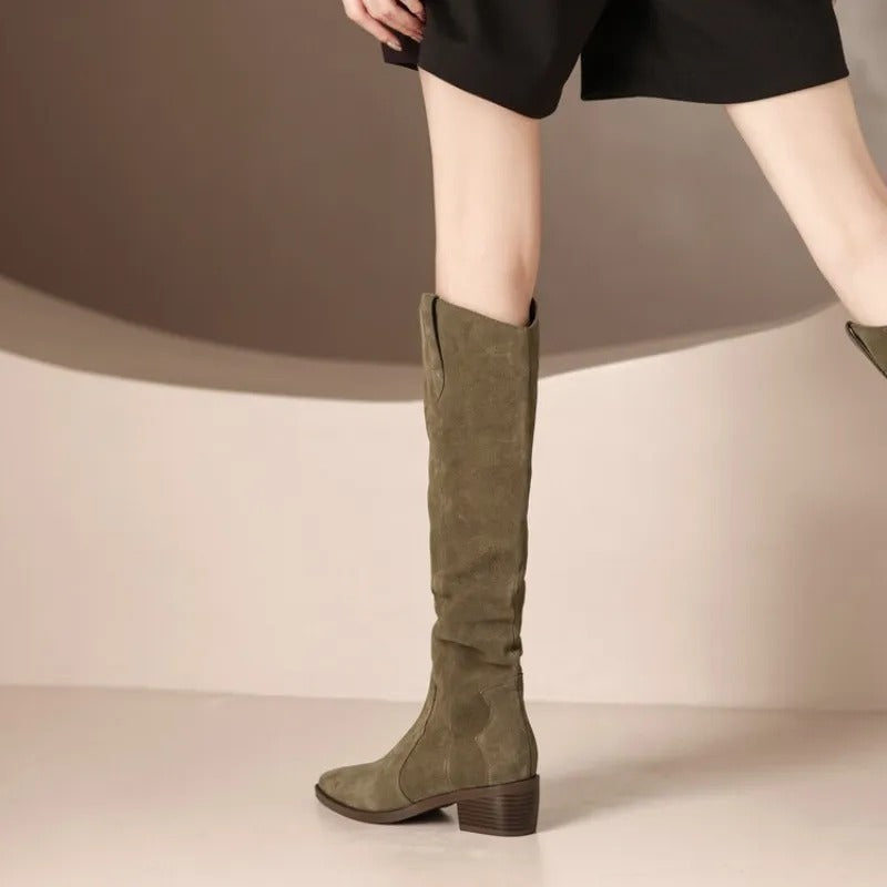 Bottes hautes pour femme noires et beiges à bout pointu et talon carré, élégantes, bottes d’hiver à la mode pour l’automne et l’hiver | Sulvida