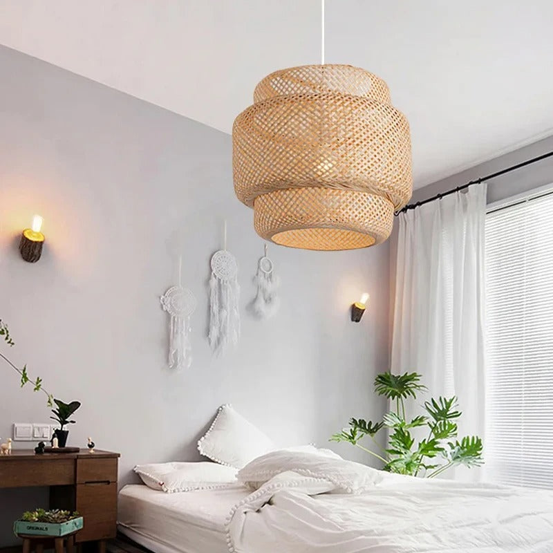 Gevlochten Hanglamp Bamboe & Hout Ø30cm Natuurlijk Lichtspel Woonkamer Slaapkamer Eetkamer Interieur | Sulvida