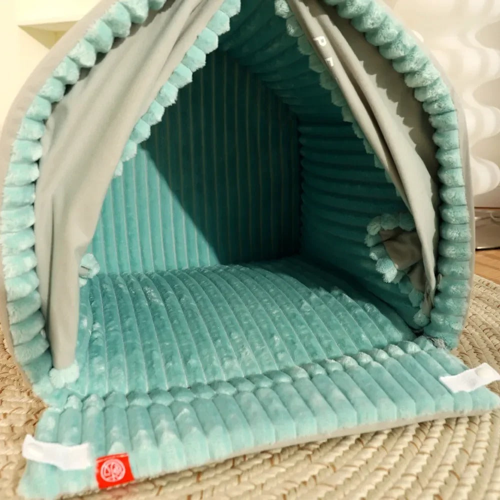 Huisdierentent met Gordijn Geborduurd Hondenbed Kattenmand Privacy Rustplek Afsluitbaar Huisdierhuis | Sulvida
