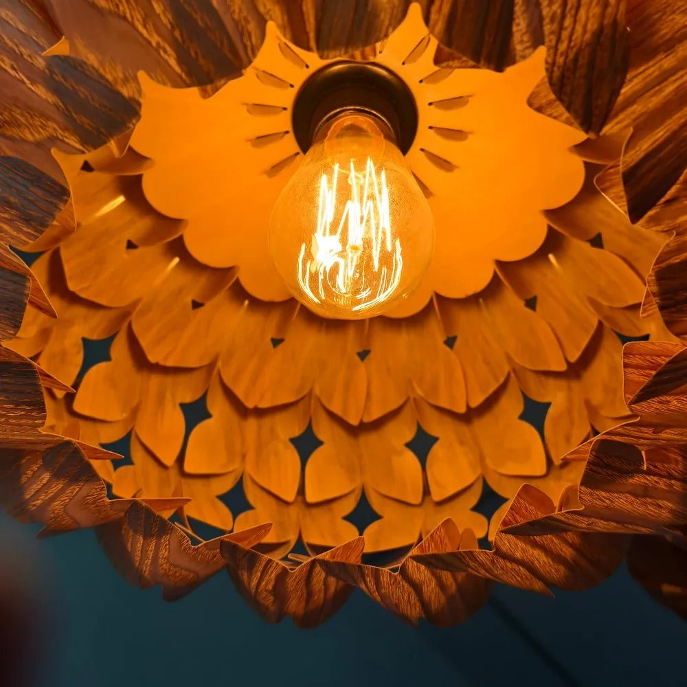 Houten hanglamp essenhout fineer cilindervorm slaapkamer eetkamer woonkamer warm licht sfeerverlichting | Sulvida