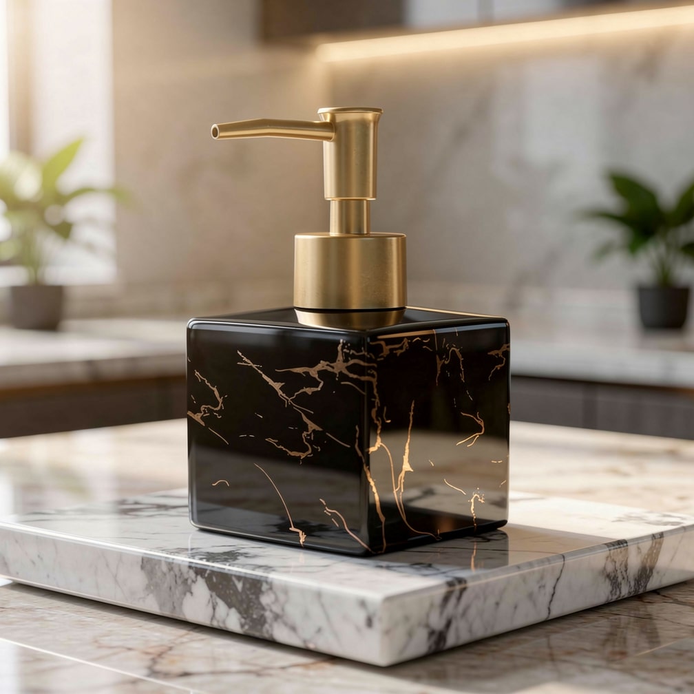 Zeepdispenser Marmer Design Keukens Badkamer Keramiek Gouden Pomp 280ml Luxe Zeepdoseerder Elegant Stijlvol | Sulvida