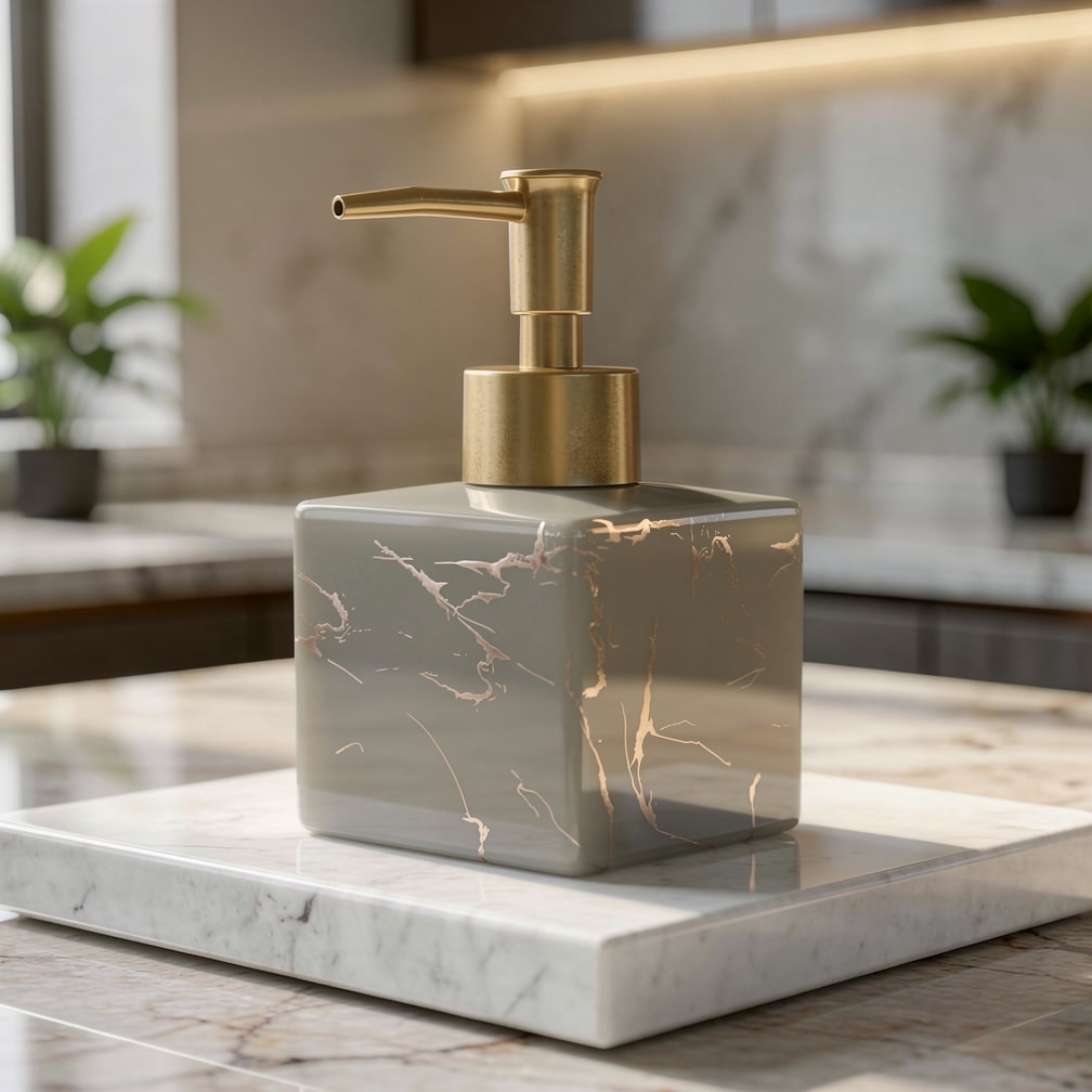 Zeepdispenser Marmer Design Keukens Badkamer Keramiek Gouden Pomp 280ml Luxe Zeepdoseerder Elegant Stijlvol | Sulvida