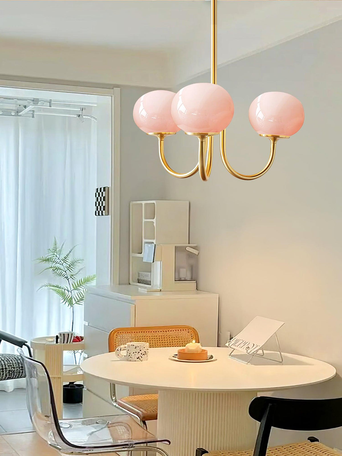 Glazen kroonluchter met metalen armatuur ø46cm & ø67cm 3 of 5 lichtpunten roze wit crème koper chroom | Sulvida