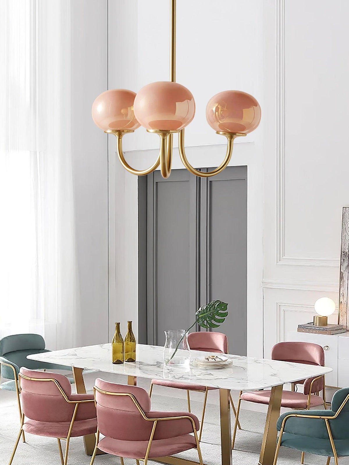 Glazen kroonluchter met metalen armatuur ø46cm & ø67cm 3 of 5 lichtpunten roze wit crème koper chroom | Sulvida