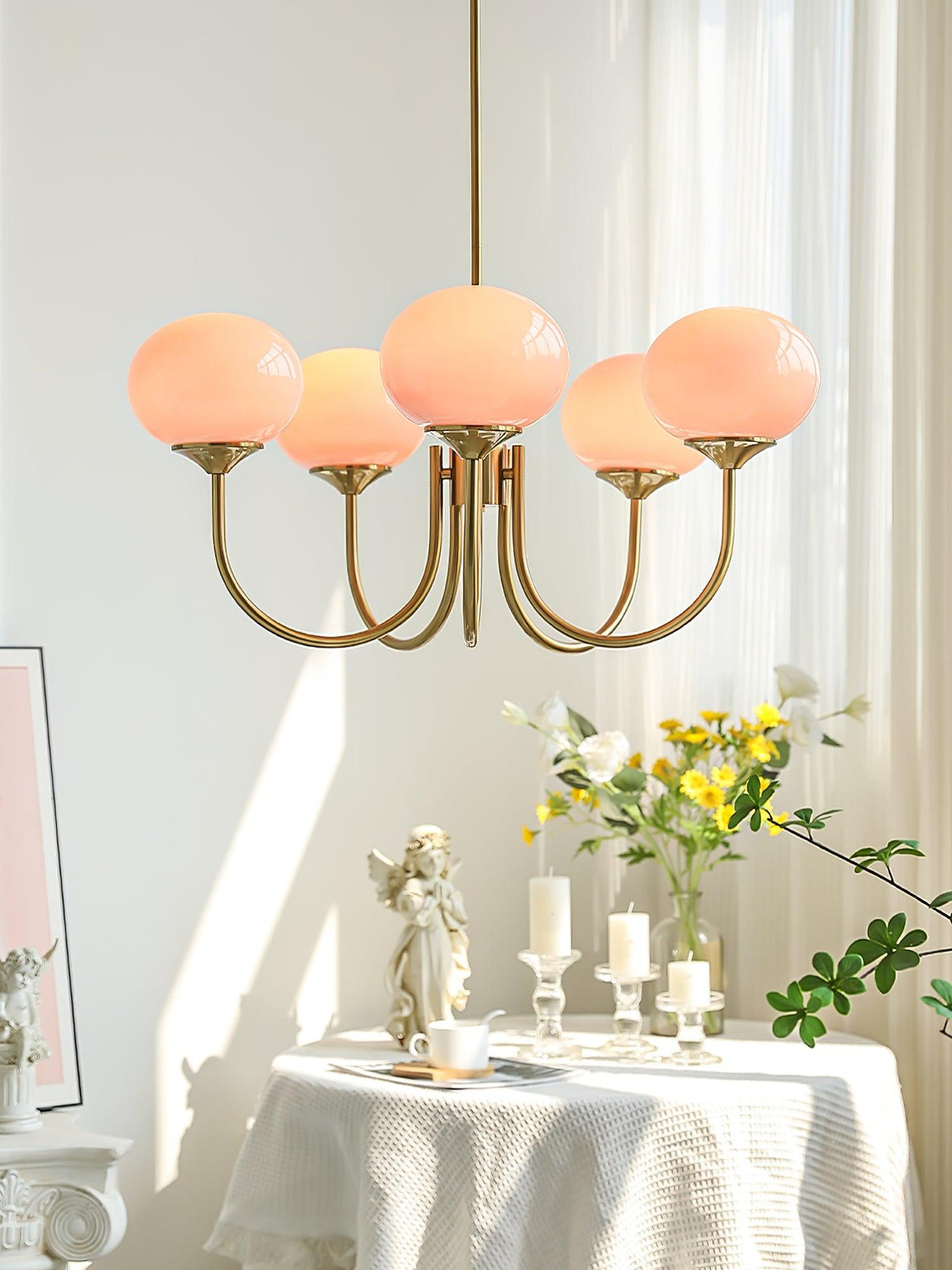 Glazen kroonluchter met metalen armatuur ø46cm & ø67cm 3 of 5 lichtpunten roze wit crème koper chroom | Sulvida