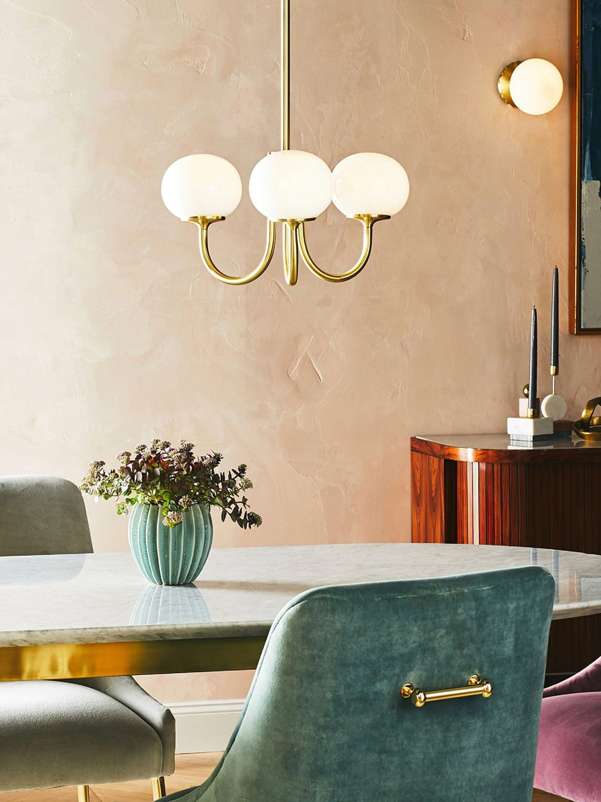 Glazen kroonluchter met metalen armatuur ø46cm & ø67cm 3 of 5 lichtpunten roze wit crème koper chroom | Sulvida