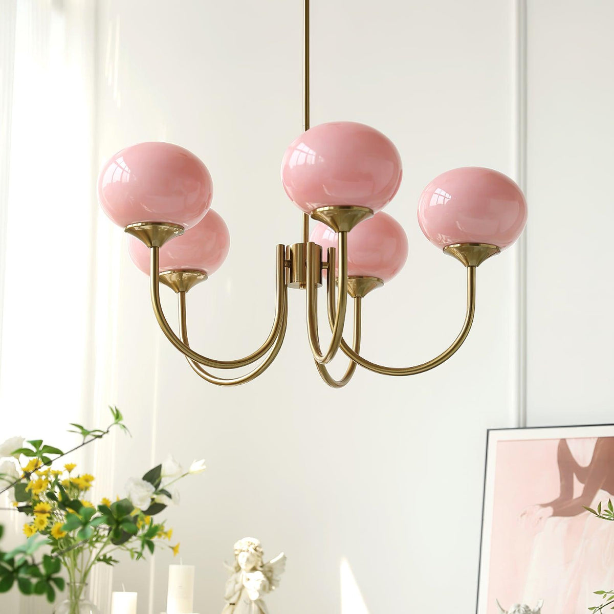 Glazen kroonluchter met metalen armatuur ø46cm & ø67cm 3 of 5 lichtpunten roze wit crème koper chroom | Sulvida