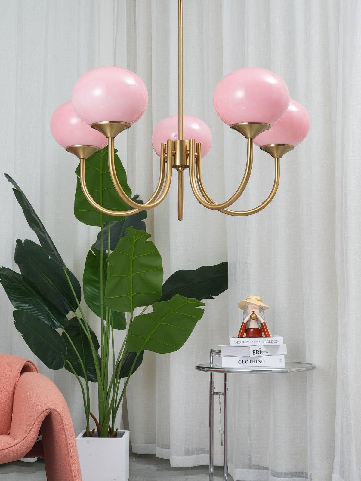 Glazen kroonluchter met metalen armatuur ø46cm & ø67cm 3 of 5 lichtpunten roze wit crème koper chroom | Sulvida