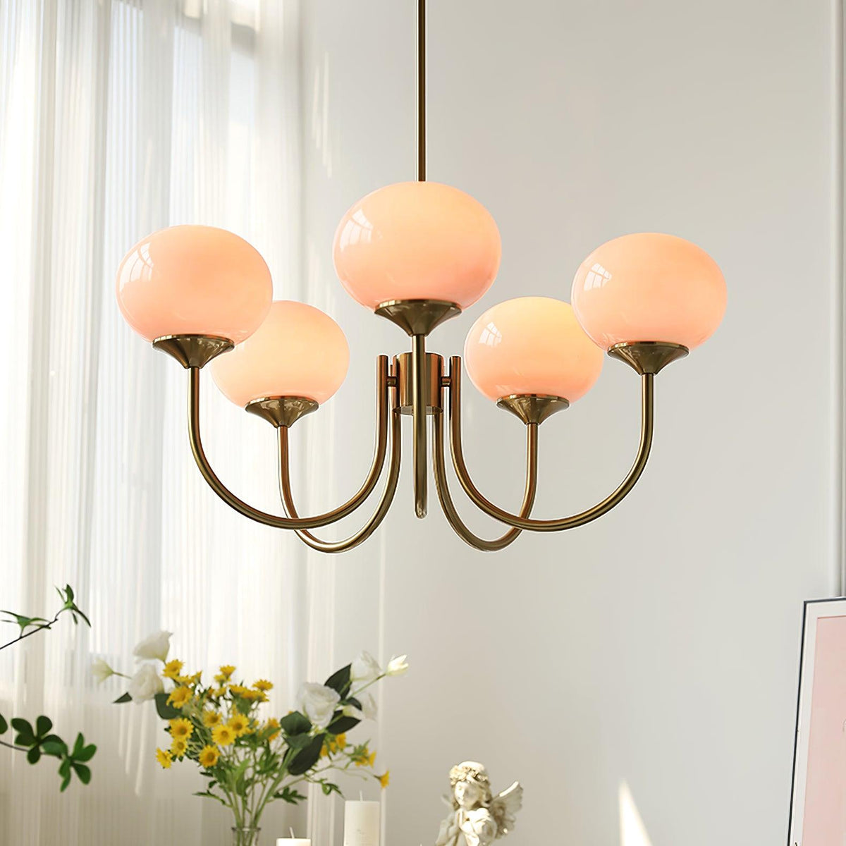 Glazen kroonluchter met metalen armatuur ø46cm & ø67cm 3 of 5 lichtpunten roze wit crème koper chroom | Sulvida