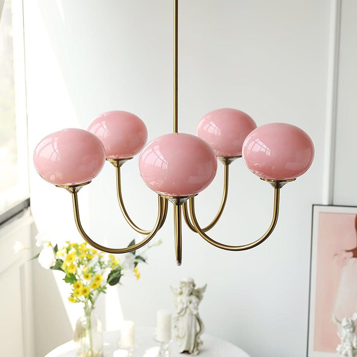 Glazen kroonluchter met metalen armatuur ø46cm & ø67cm 3 of 5 lichtpunten roze wit crème koper chroom | Sulvida