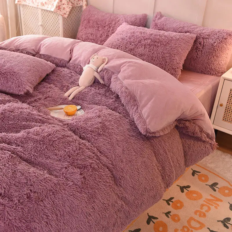 Plüsch-Fleece-Bettwäsche-Set, winterwarm, Teddy, 3-4-teilig, mit Bezug, Laken und Kissenbezügen | Sulvida