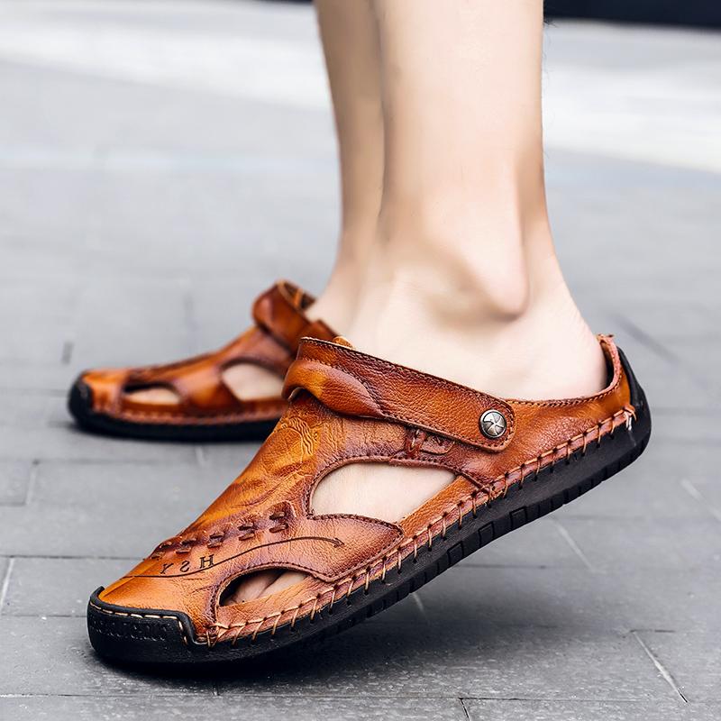 Heren Sandalen Ademend Leer Handgemaakt Comfort Zomer Klassiek Ronde Neus Loopzool Outdoor Casual Stijl | Sulvida