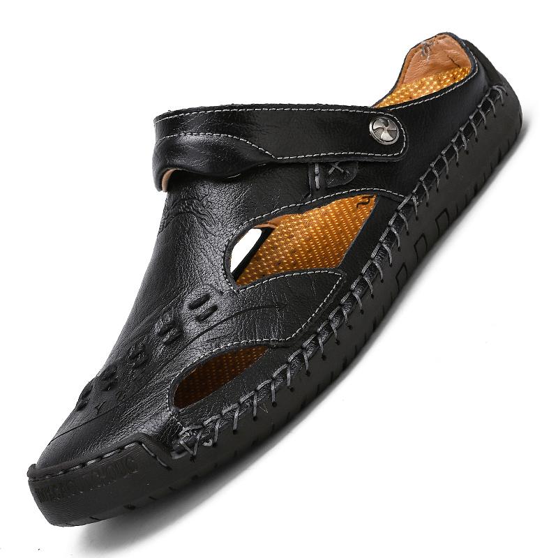 Heren Sandalen Ademend Leer Handgemaakt Comfort Zomer Klassiek Ronde Neus Loopzool Outdoor Casual Stijl | Sulvida