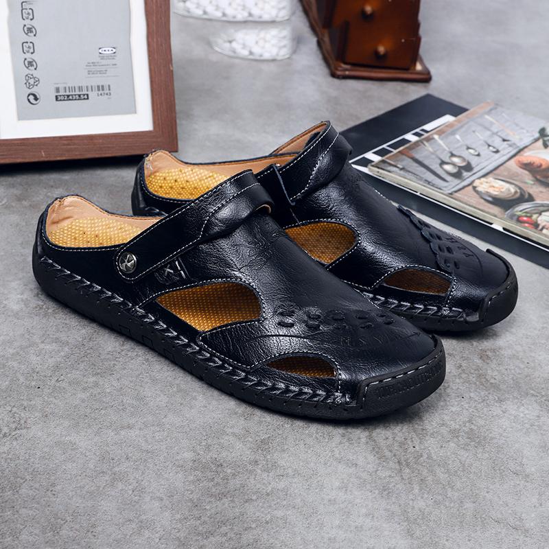 Heren Sandalen Ademend Leer Handgemaakt Comfort Zomer Klassiek Ronde Neus Loopzool Outdoor Casual Stijl | Sulvida
