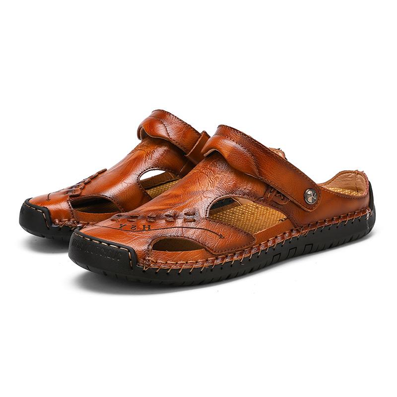 Heren Sandalen Ademend Leer Handgemaakt Comfort Zomer Klassiek Ronde Neus Loopzool Outdoor Casual Stijl | Sulvida