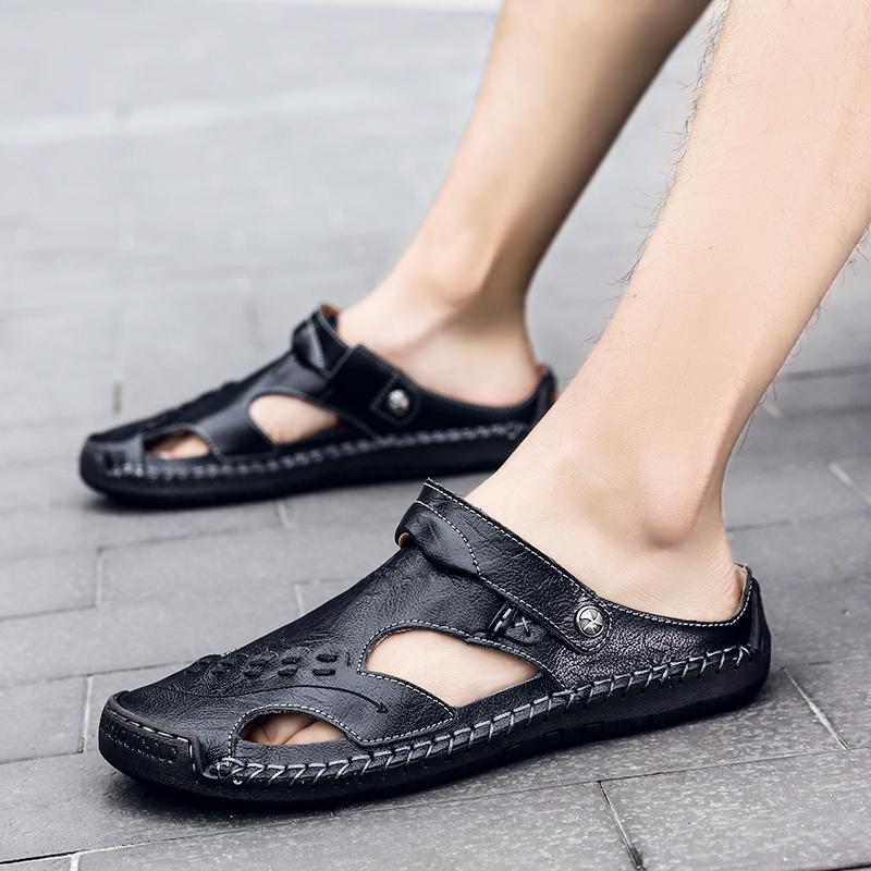 Heren Sandalen Ademend Leer Handgemaakt Comfort Zomer Klassiek Ronde Neus Loopzool Outdoor Casual Stijl | Sulvida