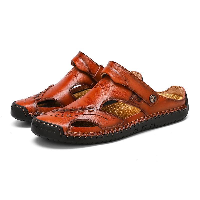 Heren Sandalen Ademend Leer Handgemaakt Comfort Zomer Klassiek Ronde Neus Loopzool Outdoor Casual Stijl | Sulvida