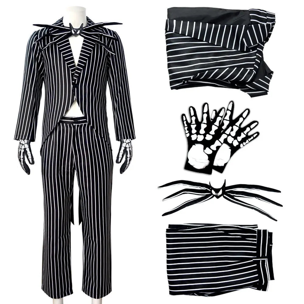 Skelet Cosplay Kostuum met Gestreept Pak en Masker voor Halloween Themafeesten en Carnaval Volwassenen | Sulvida
