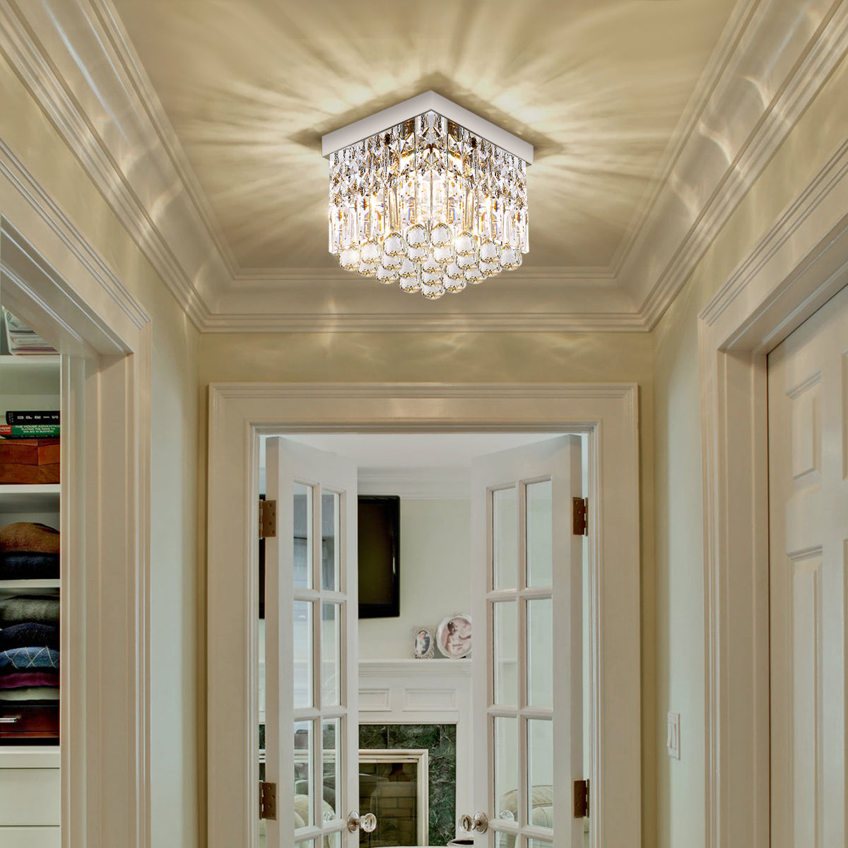 Vierkante kristallen plafondlamp chroom staal G9 voor gang slaapkamer keuken modern design compact luxe | Sulvida
