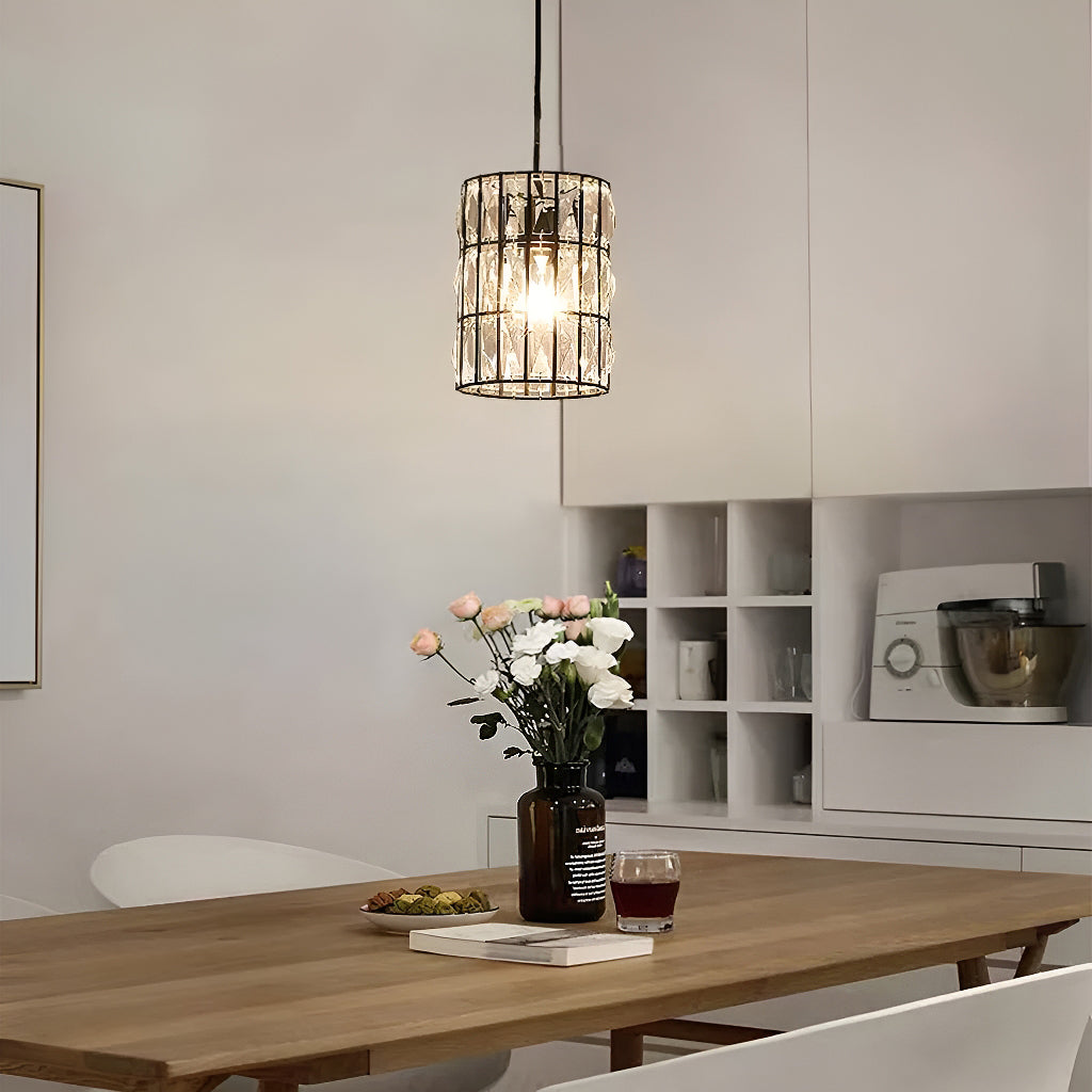 Kristallen hanglamp zwart metaal kooi geometrisch design E12 fitting woon- eetkamer sfeerverlichting luxe | Sulvida