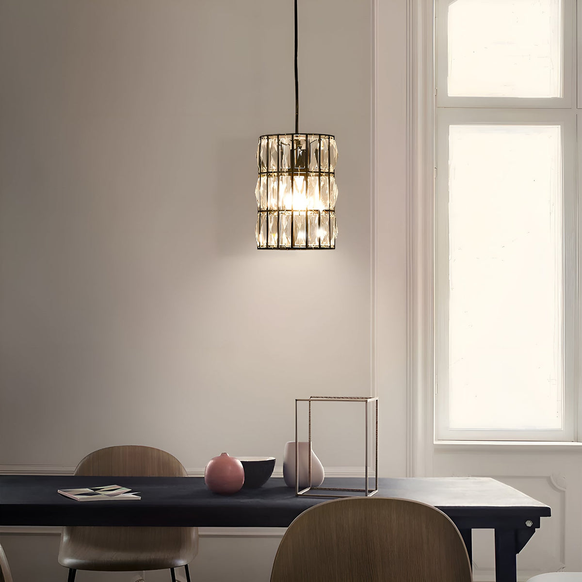 Kristallen hanglamp zwart metaal kooi geometrisch design E12 fitting woon- eetkamer sfeerverlichting luxe | Sulvida