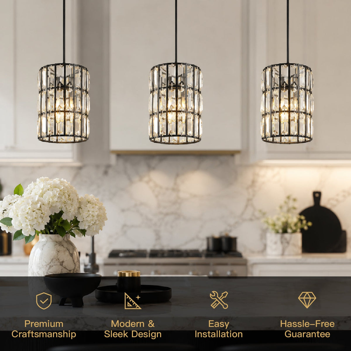 Kristallen hanglamp zwart metaal kooi geometrisch design E12 fitting woon- eetkamer sfeerverlichting luxe | Sulvida