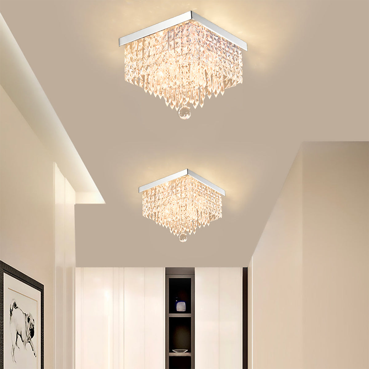 Kristallen plafondlamp chroom vierkant met 4 lichtpunten hal slaapkamer woonkamer modern design decoratief | Sulvida
