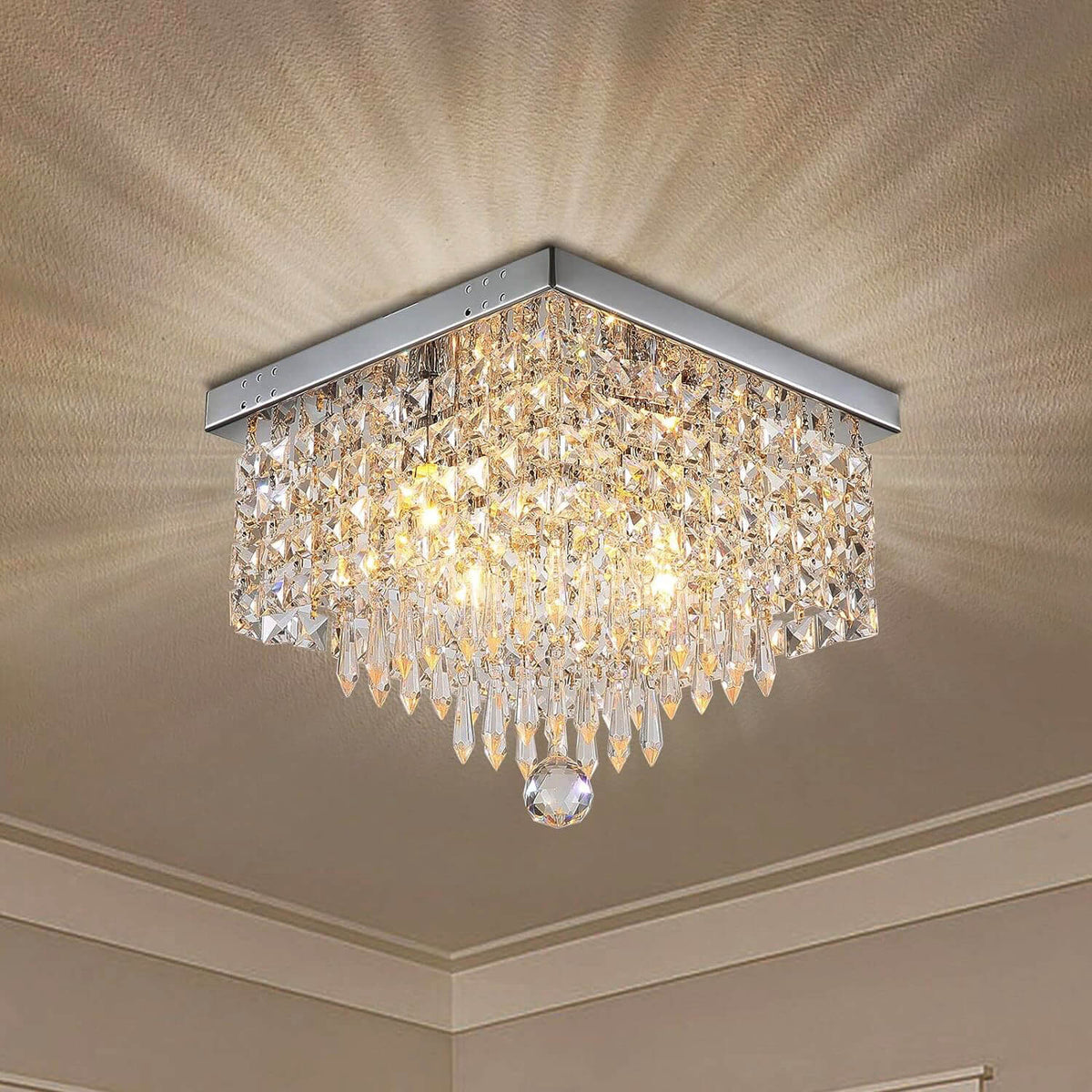 Kristallen plafondlamp chroom vierkant met 4 lichtpunten hal slaapkamer woonkamer modern design decoratief | Sulvida