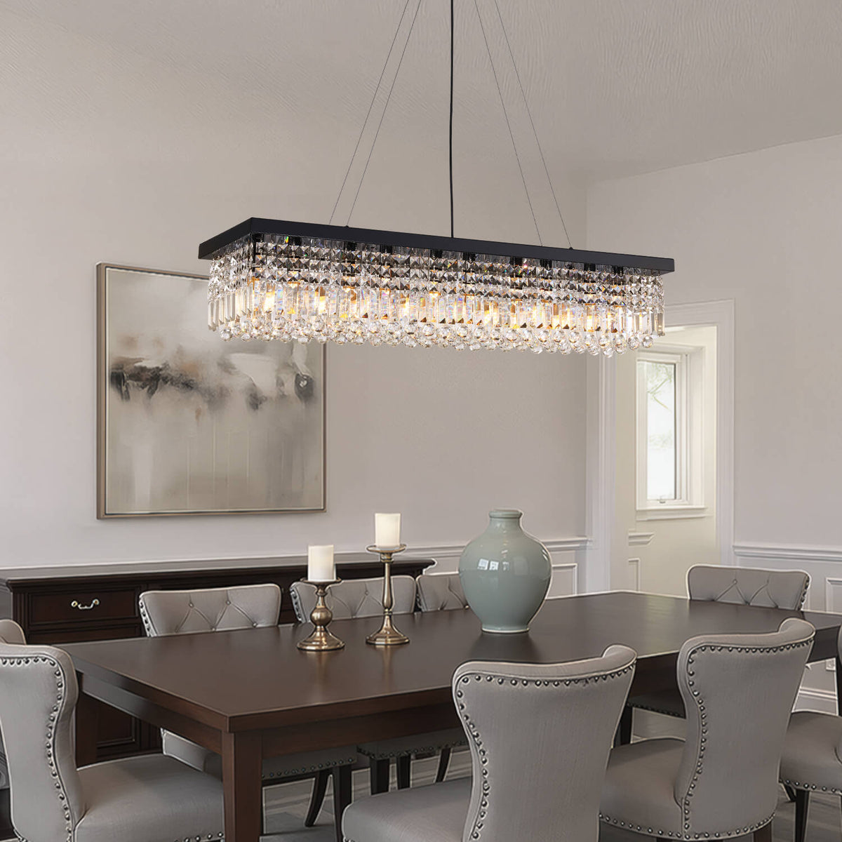 Rechthoekige Kristallen Kroonluchter Zwart Metaal Glazen Druppels Eetkamer Keukeneiland Hanglamp Modern | Sulvida