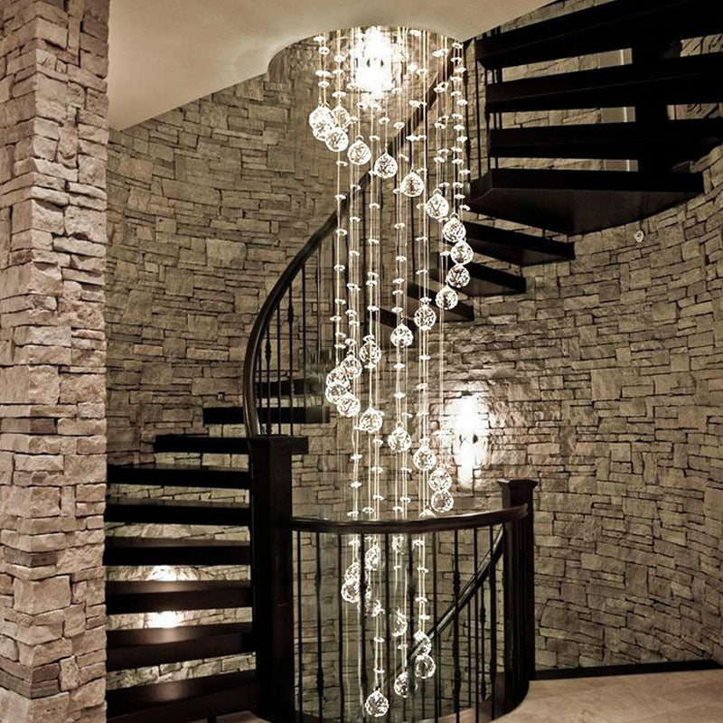 Spiraalvormige kristallen kroonluchter voor trappenhuis hal en vide luxe hanglamp chroom design 40-350 cm | Sulvida