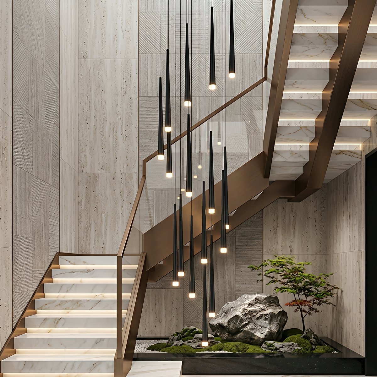 Verticale LED-hanglamp met cascaderende buizen voor trappenhuizen hoge ruimtes en grote open interieurs | Sulvida
