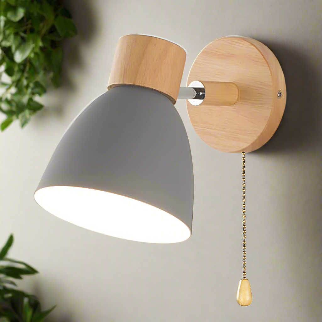 Scandinavische wandlamp met trekschakelaar hout en metaal warm licht slaapkamer leeslamp modern design | Sulvida