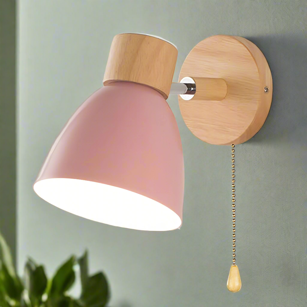 Scandinavische wandlamp met trekschakelaar hout en metaal warm licht slaapkamer leeslamp modern design | Sulvida