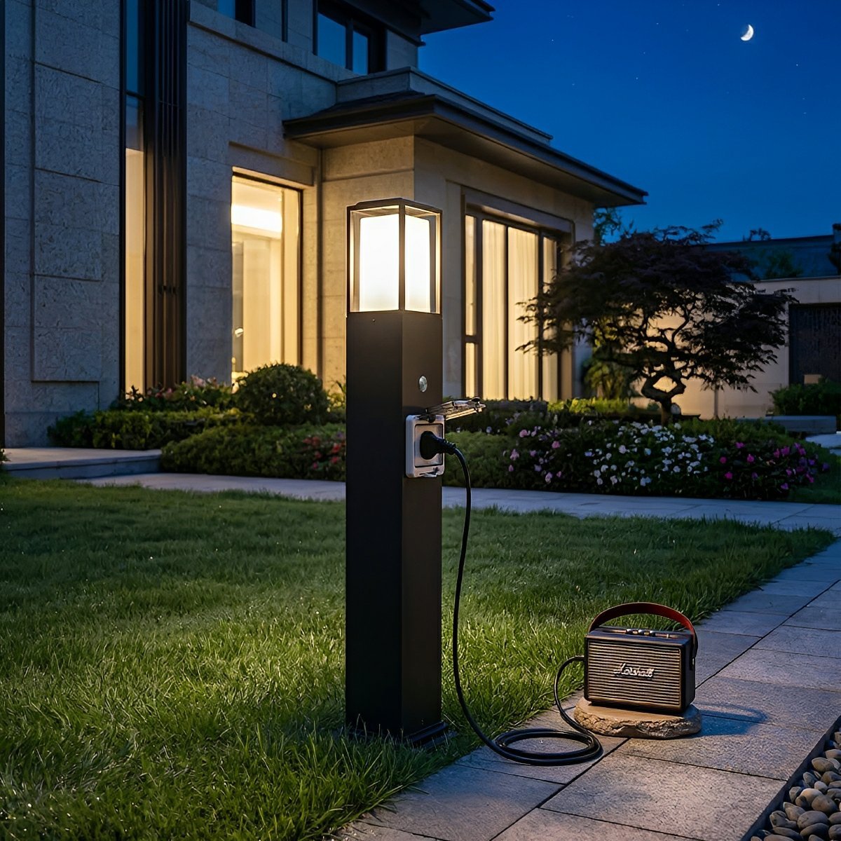 Sokkellamp buiten zwart met stopcontact IP67 waterdicht tuinverlichting padverlichting voor tuin terras en erf | Sulvida