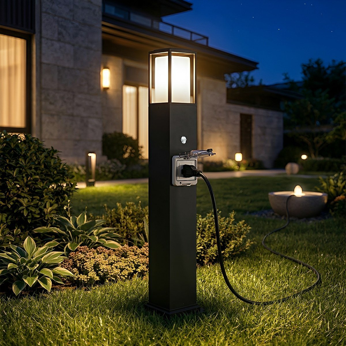 Sokkellamp buiten zwart met stopcontact IP67 waterdicht tuinverlichting padverlichting voor tuin terras en erf | Sulvida