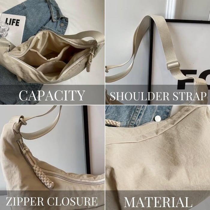 Sac bandoulière en nylon en forme de demi-lune, réglable, léger, pour un usage quotidien, imperméable, pour femme | Sulvida