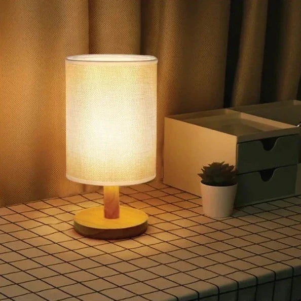 Natuurlijke Tafellamp Hout & Linnen 3 Lichtmodi Dimbaar LED met Afstandsbediening 14 × 28 cm Sfeerlamp | Sulvida