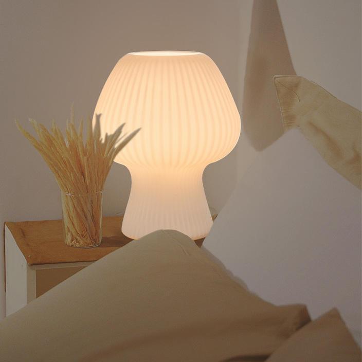 Glazen Paddenstoellamp Tafellamp Vintage Sfeerlicht Bedlampje Geribbeld Glas Warm Licht Dimbaar Slaapkamer Nachtkastje | Sulvida